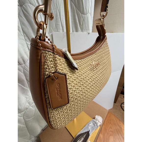 NWOT Coach Straw Woven Shoulder Bag Tan Leather Trim Gold Hardware – Style C2550 - Picture 6 of 13